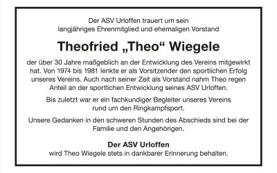 Der ASV Urloffen trauert um sein langjähriges Ehrenmitglied  Theofried „Theo“ Wiegele